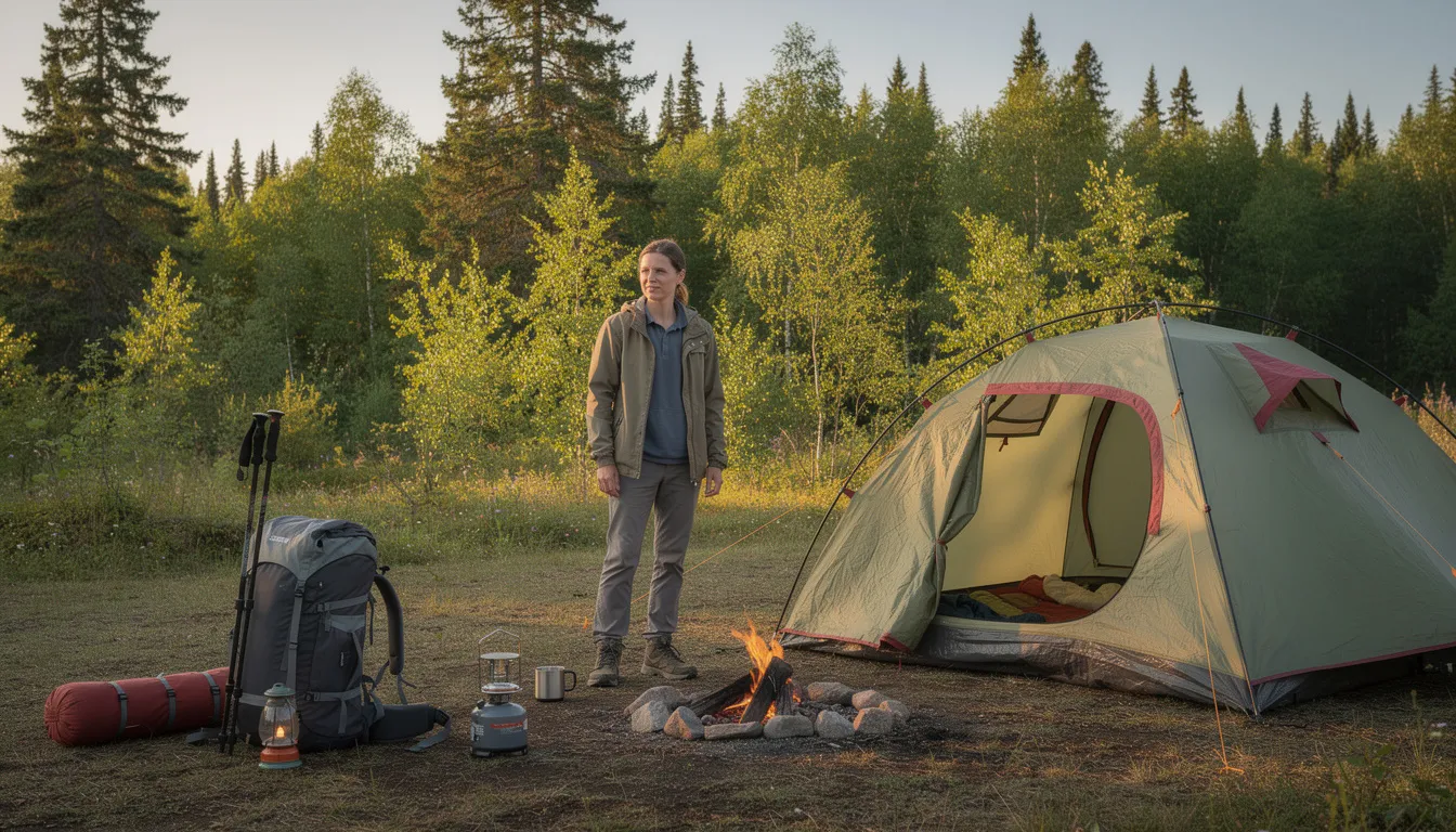 A person stands at a campsite next to a tent, surrounded by various camping gear, with a lush forest in the background. They are preparing for a refreshing outdoor shower, possibly using a portable solar shower or a camp shower system to enjoy warm water in nature.