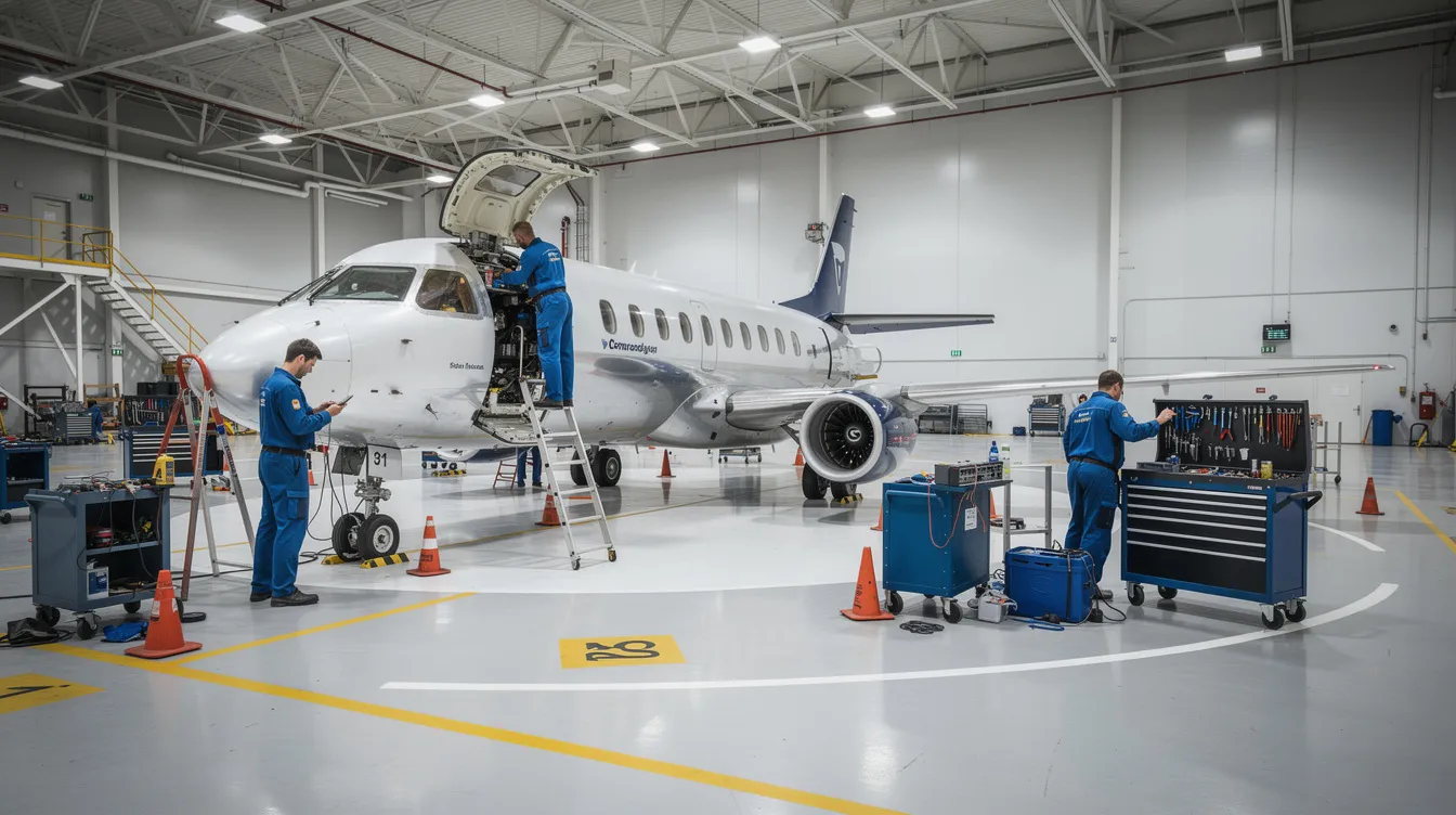 In a spacious training hangar, students are actively practicing aircraft maintenance using various tools, learning the skills necessary to become certified aviation maintenance technicians. This hands-on experience is essential for those pursuing a career as an aircraft mechanic, as they prepare to meet the certification requirements set by the Federal Aviation Administration.
