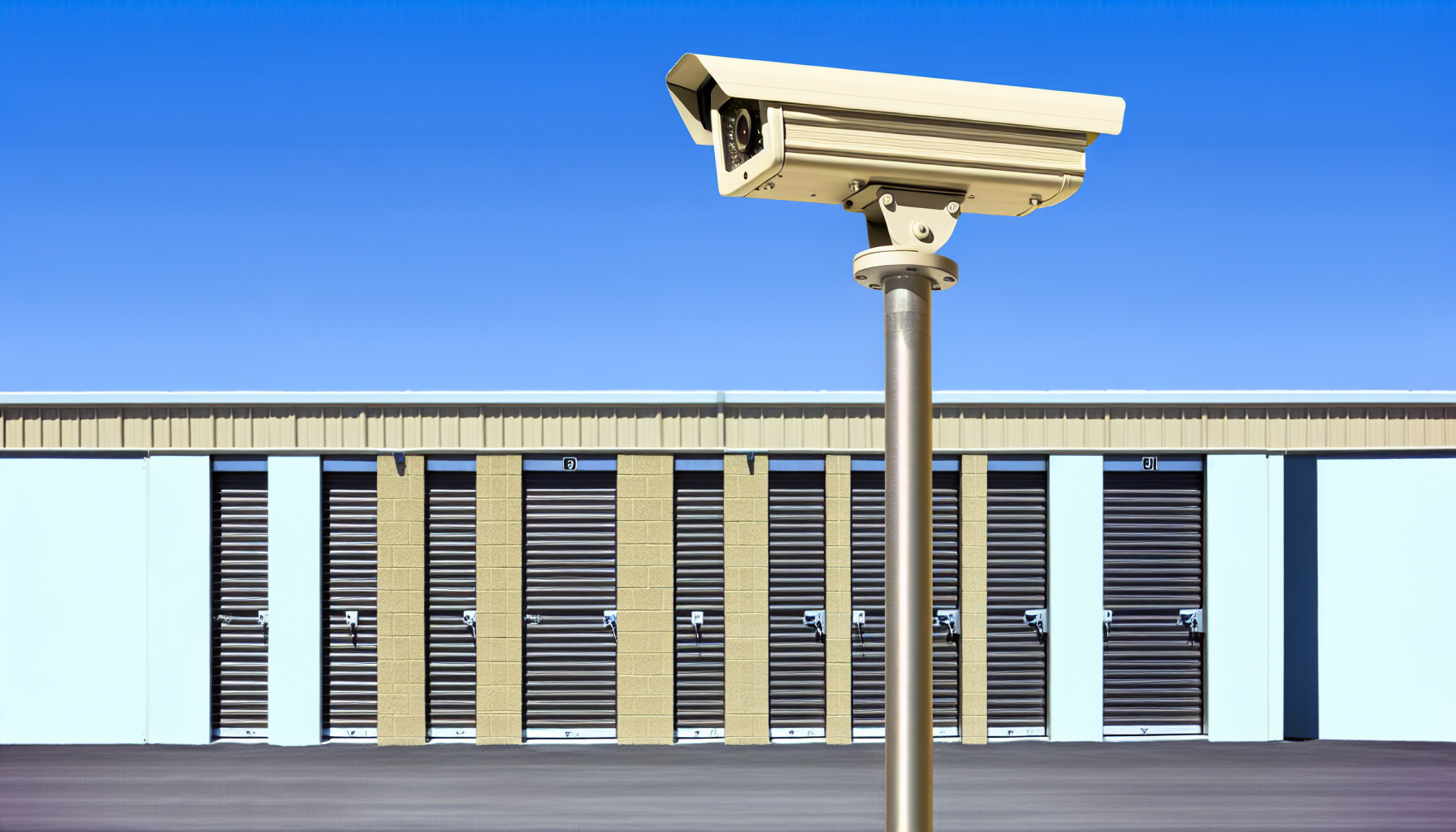 Security camera overlooking a row of self storage units