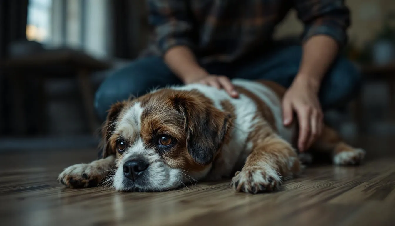 A small dog, possibly a Cavalier King Charles Spaniel, appears to be unwell, displaying clinical signs of illness such as abdominal pain and distress, while its concerned owner looks on anxiously. The scene reflects the serious nature of conditions like acute hemorrhagic diarrhea syndrome, highlighting the need for prompt veterinary care.
