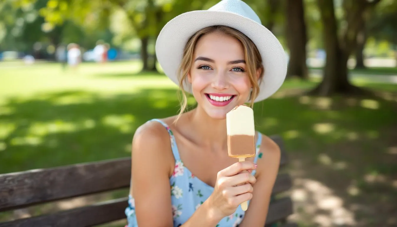 A person is enjoying a delicious ice cream bar outdoors on a sunny day, savoring the creamy chocolate flavor topped with chocolate chips. The scene captures a joyful moment, perfect for satisfying a sweet tooth with low calorie ice creams.