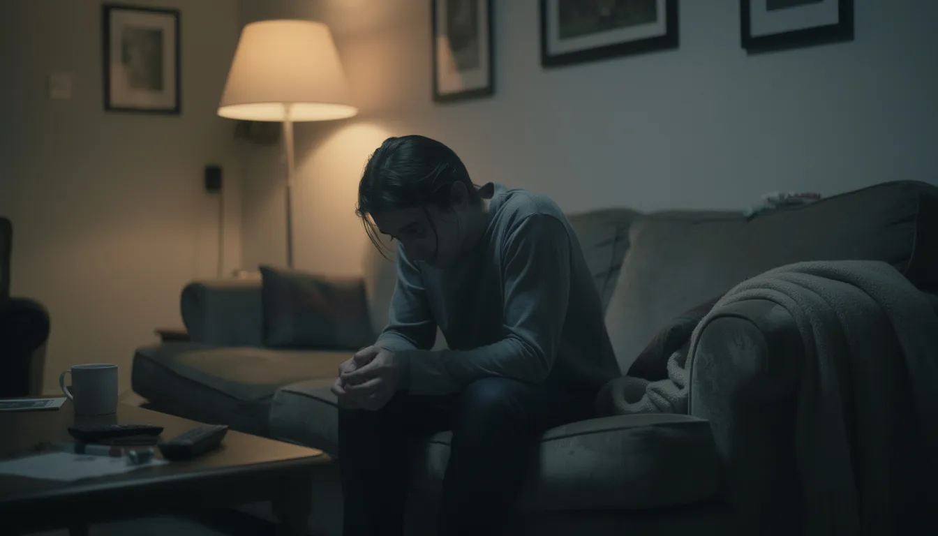 A person sits alone on a couch in a dimly lit living room, looking exhausted and overwhelmed, reflecting the mental health struggles and emotional exhaustion that can arise from societal expectations and the constant effort to mask true feelings. Their body language suggests a deep sense of fatigue, highlighting the challenges of coping with mental health conditions in a world that often demands social acceptance.
