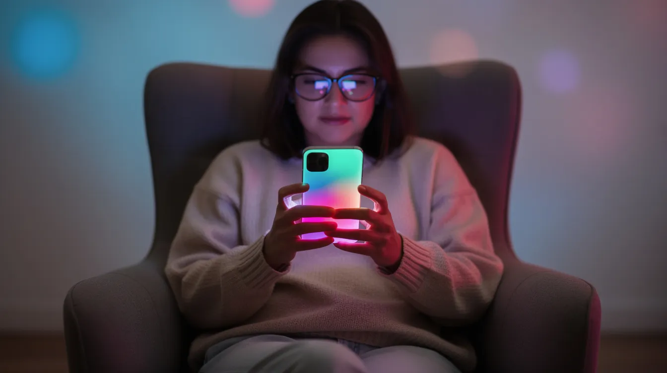A person is comfortably seated in a chair, holding a smartphone that displays vibrant, colorful lights reflecting off the screen. This scene evokes a sense of relaxation and engagement, reminiscent of the excitement found in non Gamstop casinos and online gambling sites.