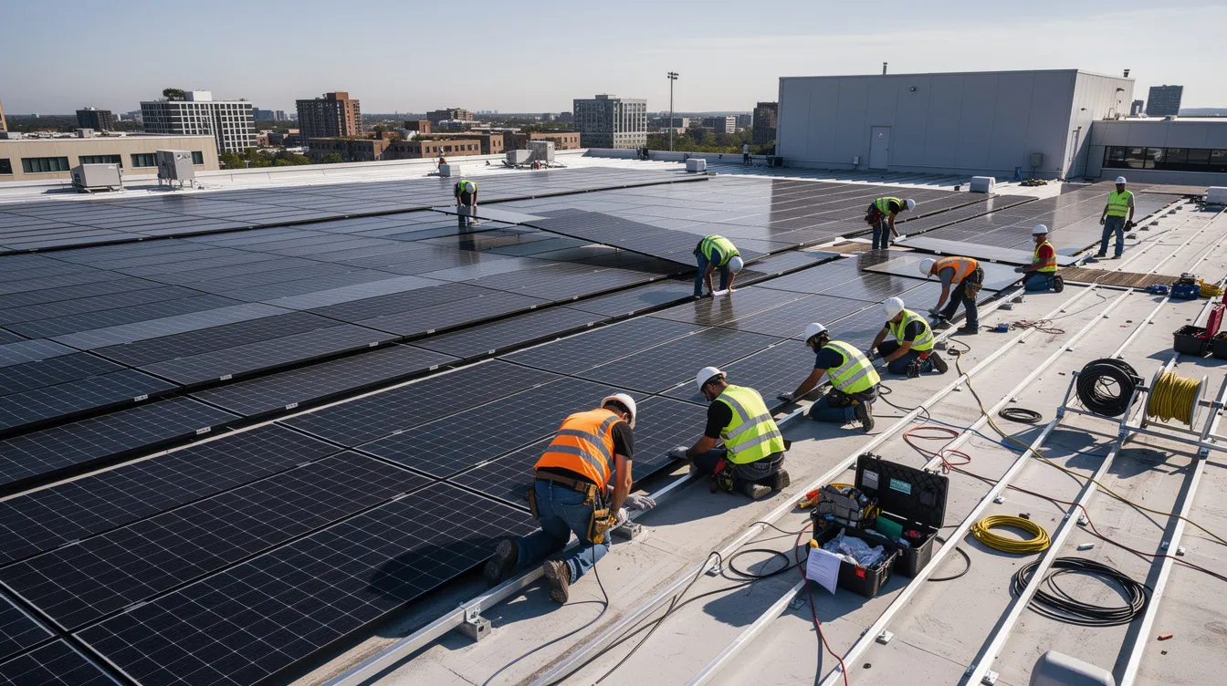 A crew of workers is installing solar panels on a large commercial rooftop, part of a clean energy project that may qualify for domestic content bonus credits under the Inflation Reduction Act. The scene highlights the ongoing efforts to boost American manufacturing and promote renewable energy infrastructure.