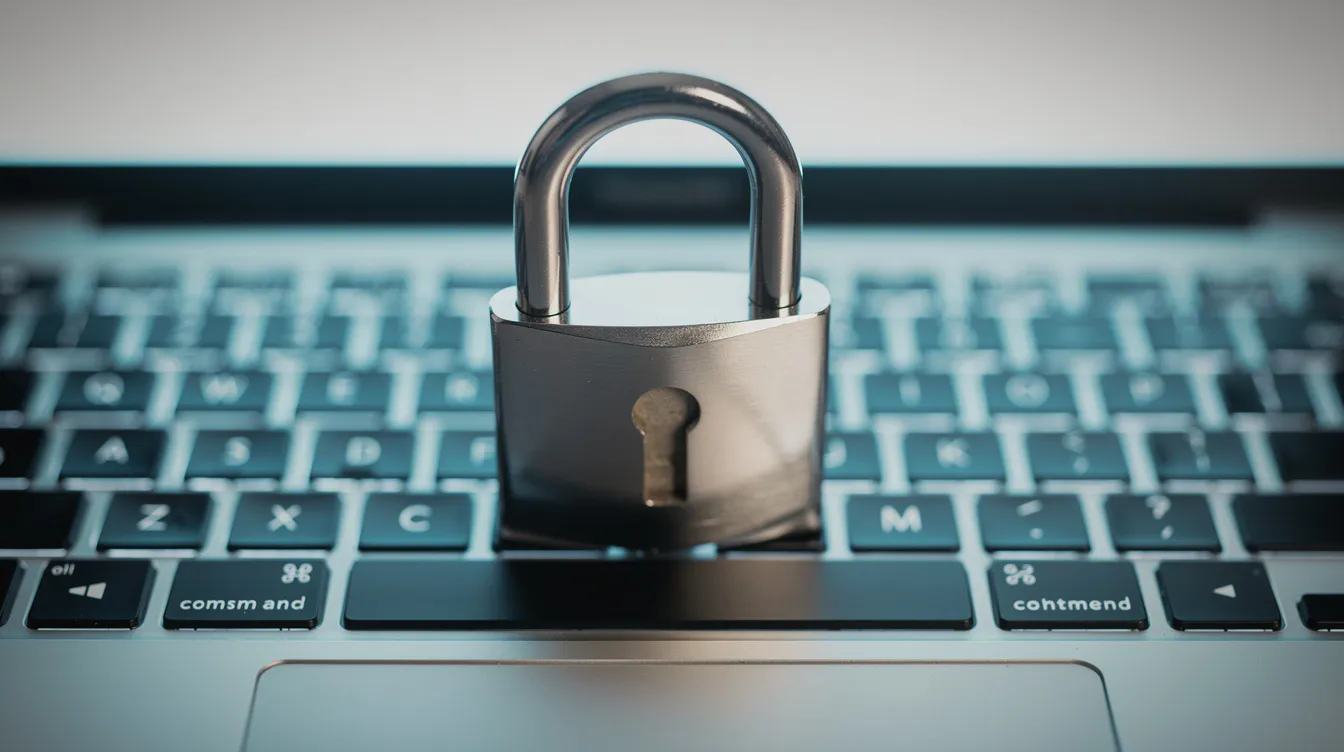 The image features a padlock resting on a laptop keyboard, symbolizing data security and the importance of protecting sensitive information in internal tool development. This visual representation emphasizes the need for secure access and management of data in custom internal tools and applications.