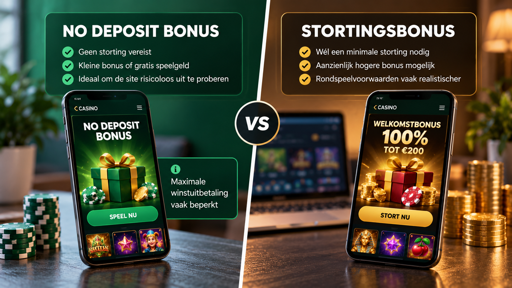 Vergelijking tussen een no deposit bonus en een stortingsbonus bij online casino’s.