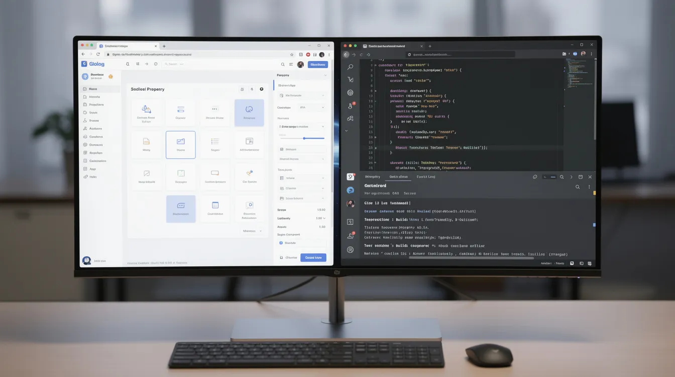 A split screen with a browser app builder on one side and a code editor on the other