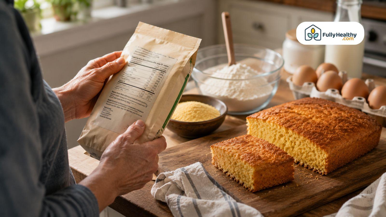 Person checking ingredient label beside homemade cornbread and baking ingredients