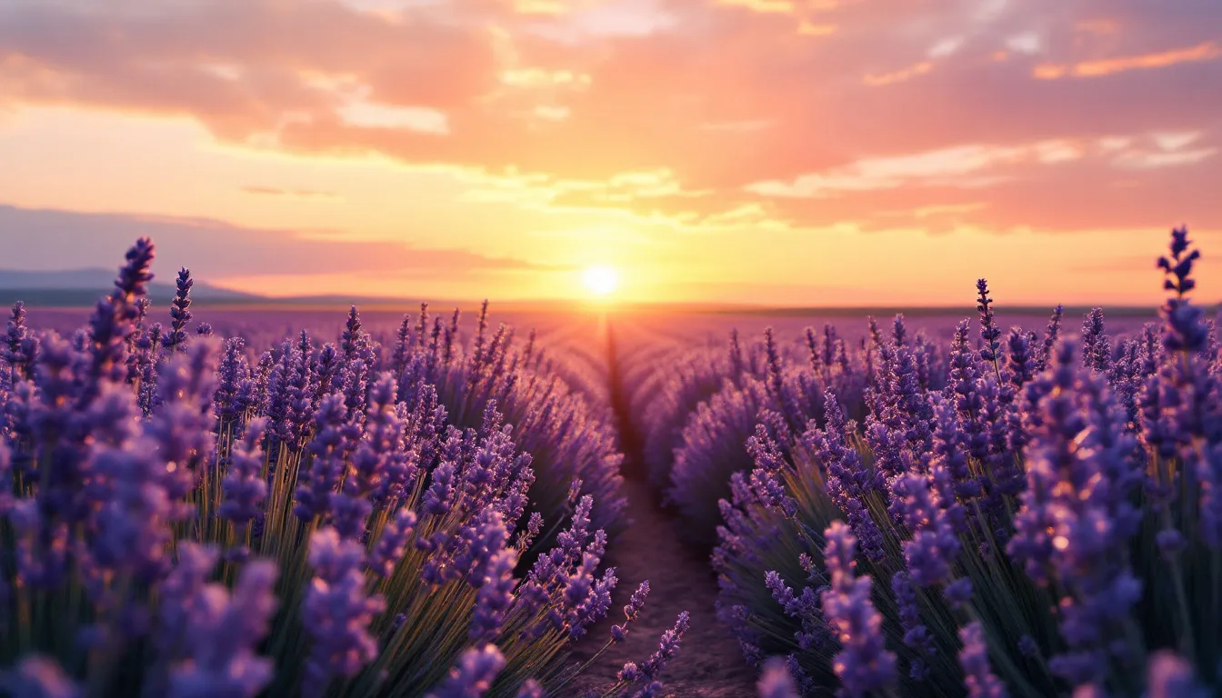 A serene lavender field stretches out under a vibrant sunset, with beautiful flower blooms creating a calming atmosphere. The soft colors of the sky reflect on the flowers, embodying the idea that "earth laughs in flowers," inviting a sense of peace and hope.