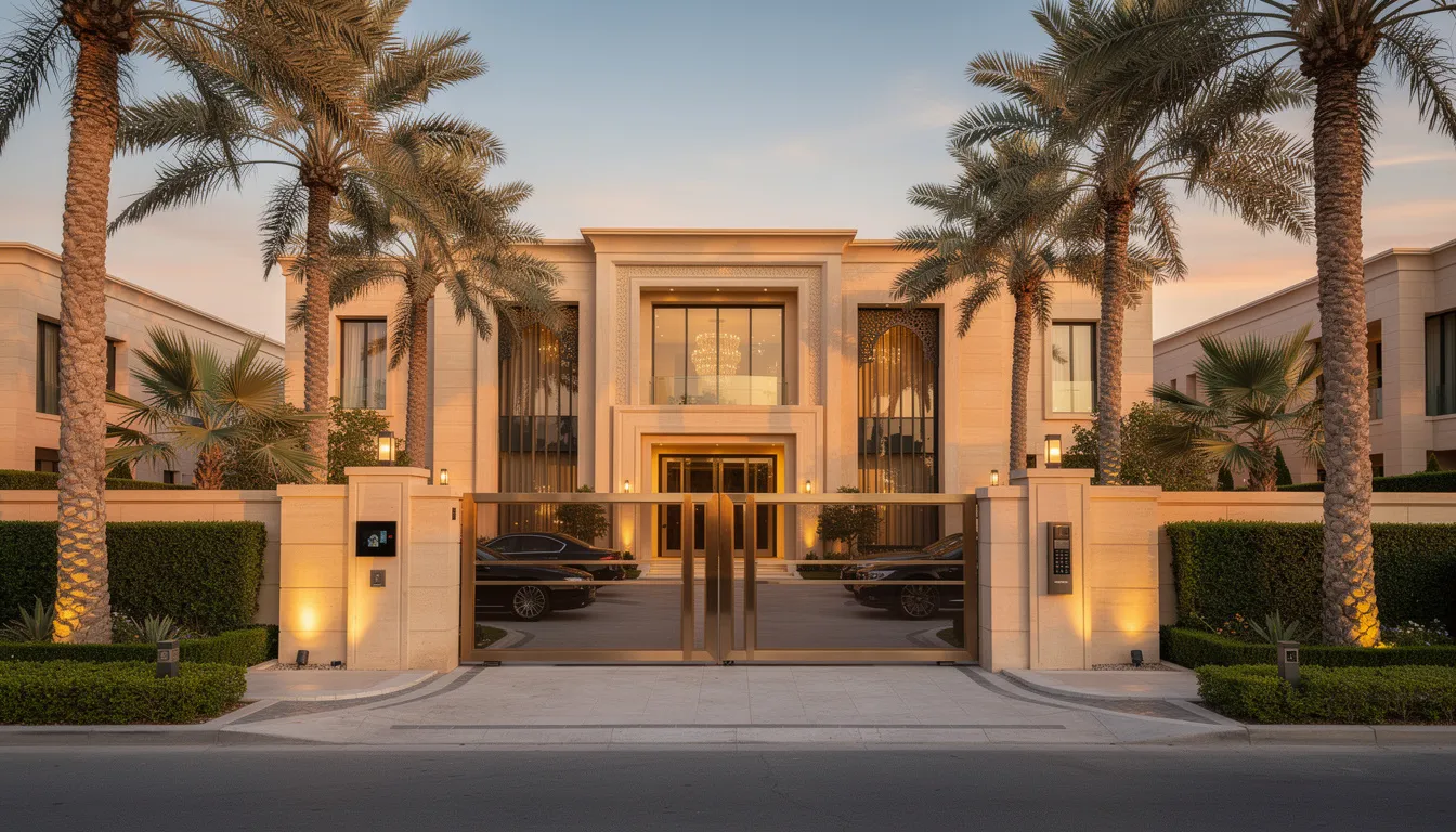 The image depicts the grand entrance of a luxury villa in a prestigious Dubai neighborhood, framed by tall palm trees and a secure gate, symbolizing maximum safety and exclusivity. This setting highlights the importance of personal security expertise and close protection services for high net worth individuals in the region.