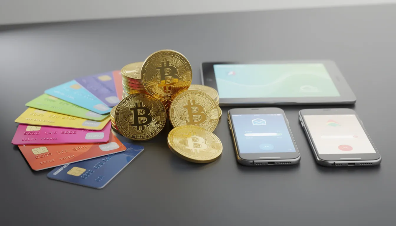 La imagen muestra una variedad de métodos de pago modernos, incluyendo tarjetas de crédito, monedas de Bitcoin y monederos electrónicos, dispuestos sobre una superficie contemporánea. Estos elementos representan las opciones disponibles para los jugadores en los mejores casinos online en España, facilitando depósitos y retiros en un entorno de juego seguro y responsable.