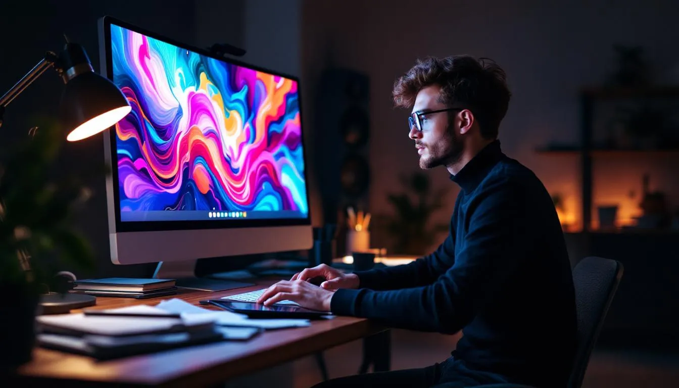 A designer is focused on using AI image generation tools, with a large monitor displaying vibrant and colorful digital artwork, showcasing the capabilities of generative AI in content creation. The scene highlights the integration of AI productivity tools in the creative process, emphasizing the potential of AI-powered applications for enhancing artistic projects.