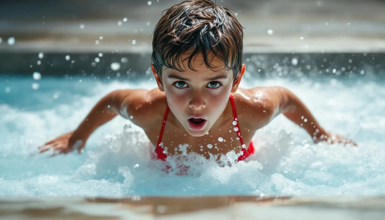 A brave child is seen stepping into a cold plunge, showcasing their adventurous spirit. The setting is illuminated with soft sauna lighting, creating a welcoming and calming ambiance around the plunge area.