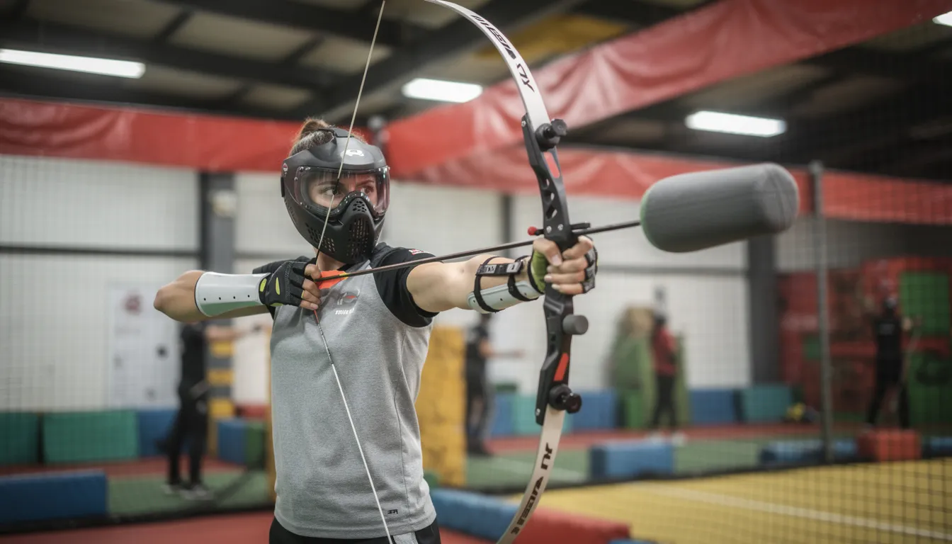 A person wearing a protective face mask is drawing back a bow, preparing to shoot a foam-tipped arrow in a fast-paced game of combat archery. This exciting sport combines elements of archery and dodgeball, making it a thrilling activity for friends and family of all skill levels.