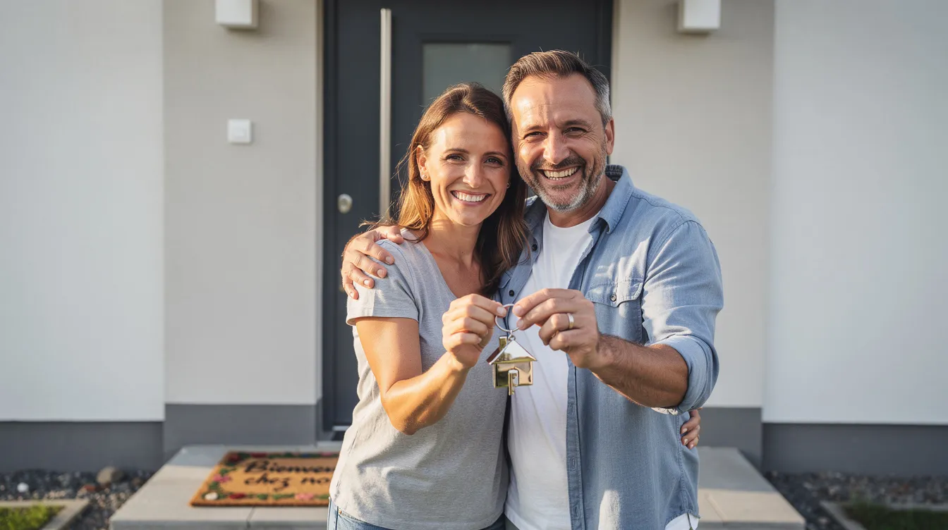 Un couple heureux se tient devant la porte d'entrée de leur nouvelle maison, tenant fièrement les clés. Cette image symbolise l'accomplissement de leur rêve d'acheter une maison et le début d'une nouvelle vie ensemble.