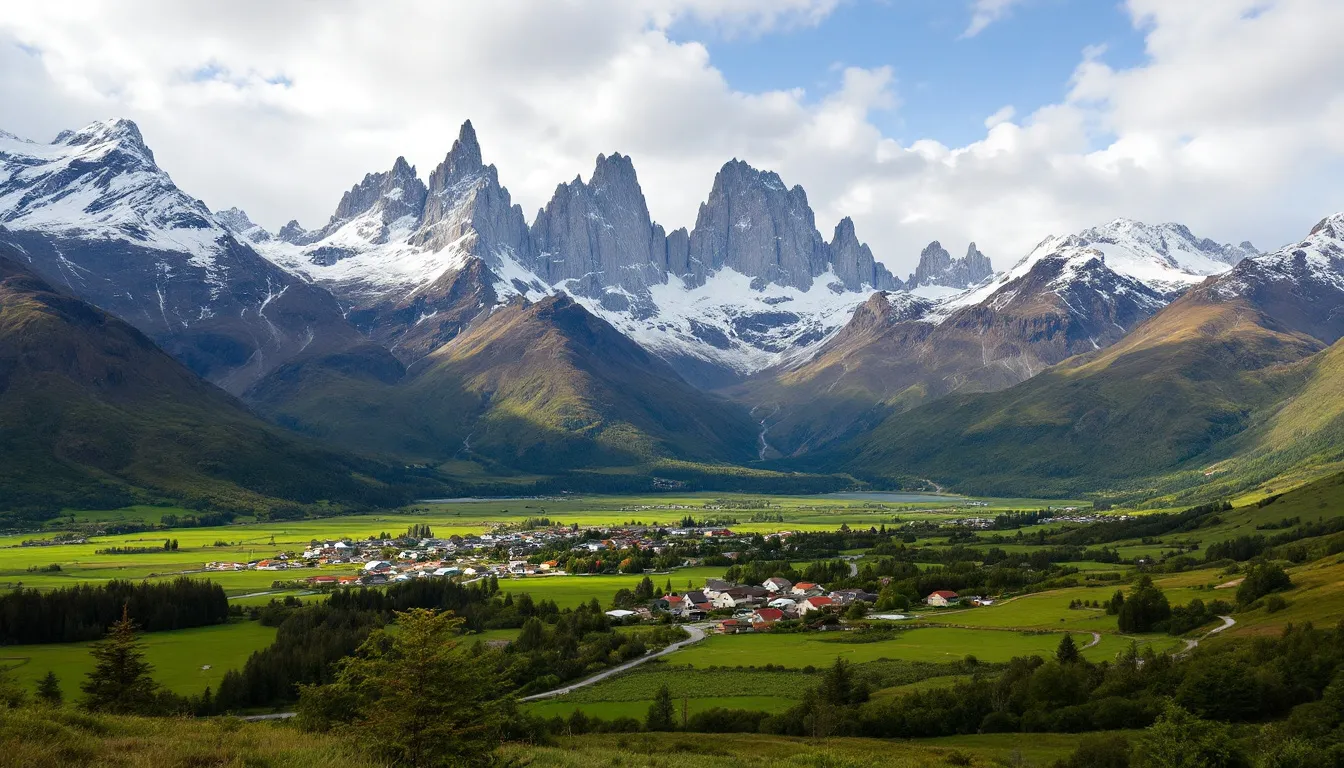 La imagen muestra el pintoresco pueblo de Villa O'higgins, ubicado en la Patagonia chilena, rodeado de majestuosas montañas y frondosos bosques. Este lugar es un punto de partida para aventuras hacia el sur, donde los viajeros pueden explorar la belleza natural de la región de Aysén y disfrutar de paisajes impresionantes, incluidos glaciares y lagos.