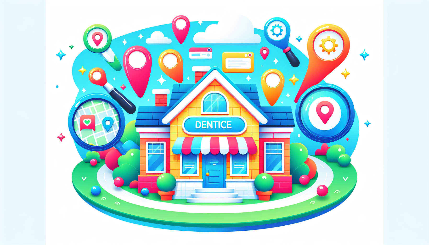 An illustration depicting local SEO for dentists, showcasing various online tools and strategies.