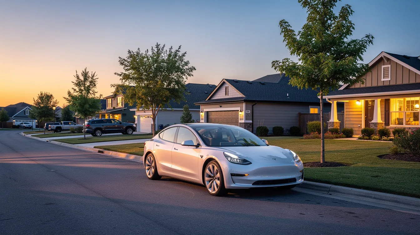 The image shows a Tesla sedan parked on a quiet suburban residential street at dusk, with soft lighting illuminating the surroundings. This scene captures the calm atmosphere typical of Texas neighborhoods, where automated driving assistance systems like Tesla's Autopilot mode are often discussed in relation to safety and incidents.
