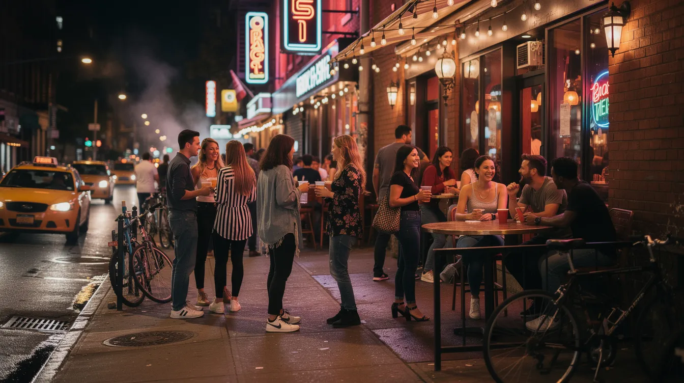 The image captures a vibrant scene of nightlife in the East Village, where groups of people are mingling outside various bars, enjoying drinks and laughter. The atmosphere is lively, with soft lighting and a mix of singles and friends gathering to socialize, embodying the fun and energetic vibe of NYC bars.