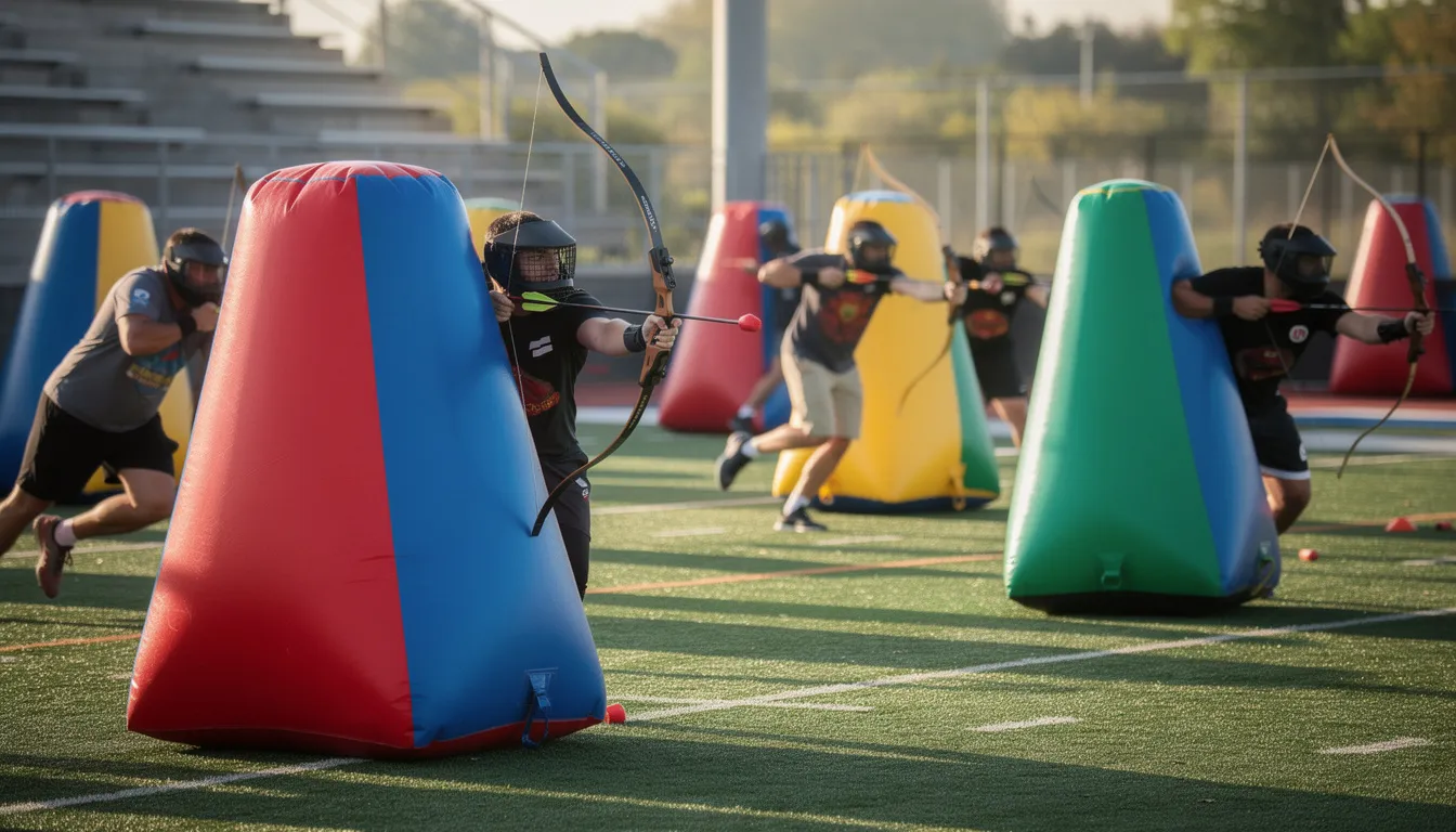 A group of players wearing protective masks engages in a fast-paced game of archery tag on a vibrant field, surrounded by colorful inflatable bunkers. They are equipped with bows and foam-tipped arrows, showcasing teamwork and skill as they dodge and shoot at opponents in this exciting combat archery sport.