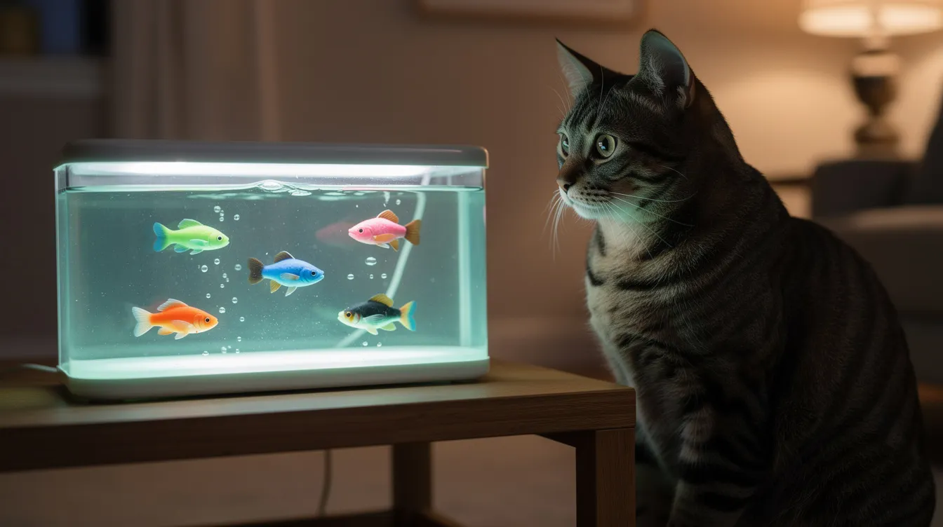 A curious tabby cat watches an interactive fish tank for cats, featuring three artificial fish swimming inside a compact glowing aquarium lamp on a low shelf. The ultra-clear glass tank provides a fun and entertaining view for the feline, creating a captivating atmosphere in the home.