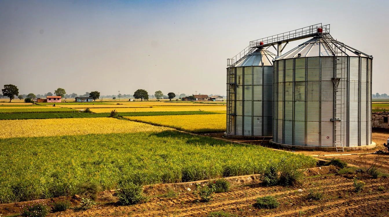 1d232fcd 04fe 4d55 884f a43712653770 The image shows a wide view of large steel grain silos set against a rural Indian agricultural landscape, with expansive fields in the background. These metal silos are essential for grain storage, helping to maintain grain quality and protect stored grain from excess moisture and pests.
