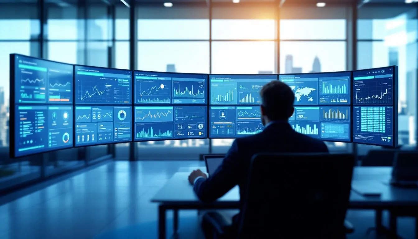 The image depicts an automated AI security monitoring system featuring multiple screens that display real-time model behavior analytics, threat detection, and unusual data access patterns. This setup is designed to enhance security posture by continuously monitoring for potential security threats and safeguarding sensitive data against unauthorized access and data breaches.
