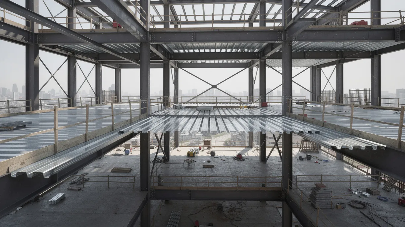The image depicts the interior of a multi-storey steel frame building under construction, showcasing robust steel columns and composite floor decking. This scene highlights the ongoing process of steel frame construction, a key aspect of the steel building industry in the UK, emphasizing the structural integrity and durability of the developing structure.