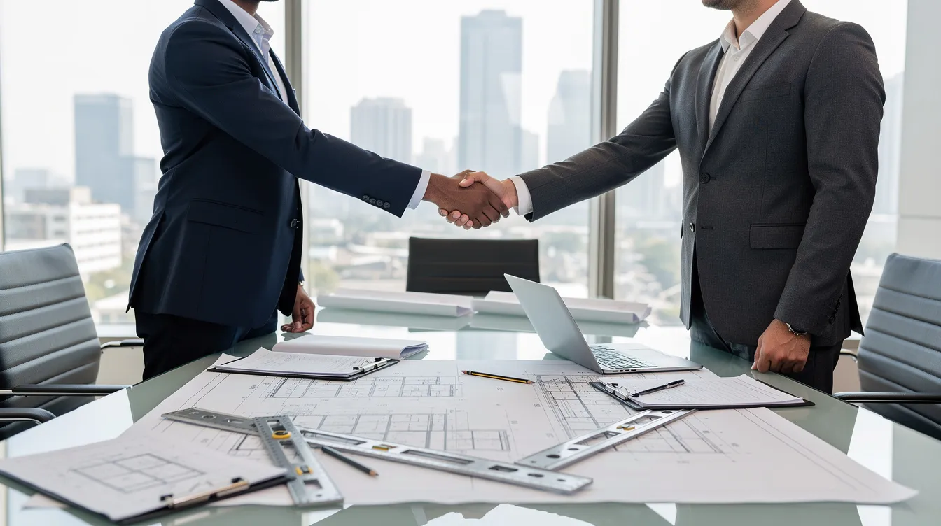 Two business professionals are shaking hands in a modern office setting, with construction project blueprints spread out on the table, symbolizing collaboration and lead generation efforts within the construction business. This scene emphasizes the importance of generating qualified leads and managing projects effectively in competitive markets.