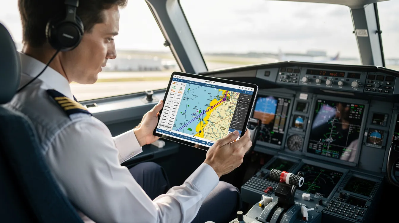 A pilot is seated in the cockpit, focused on a tablet flight planning tool, preparing for departure. The scene highlights the importance of knowledge and risk management as part of the airman certification standards (ACS) in aviation operations.