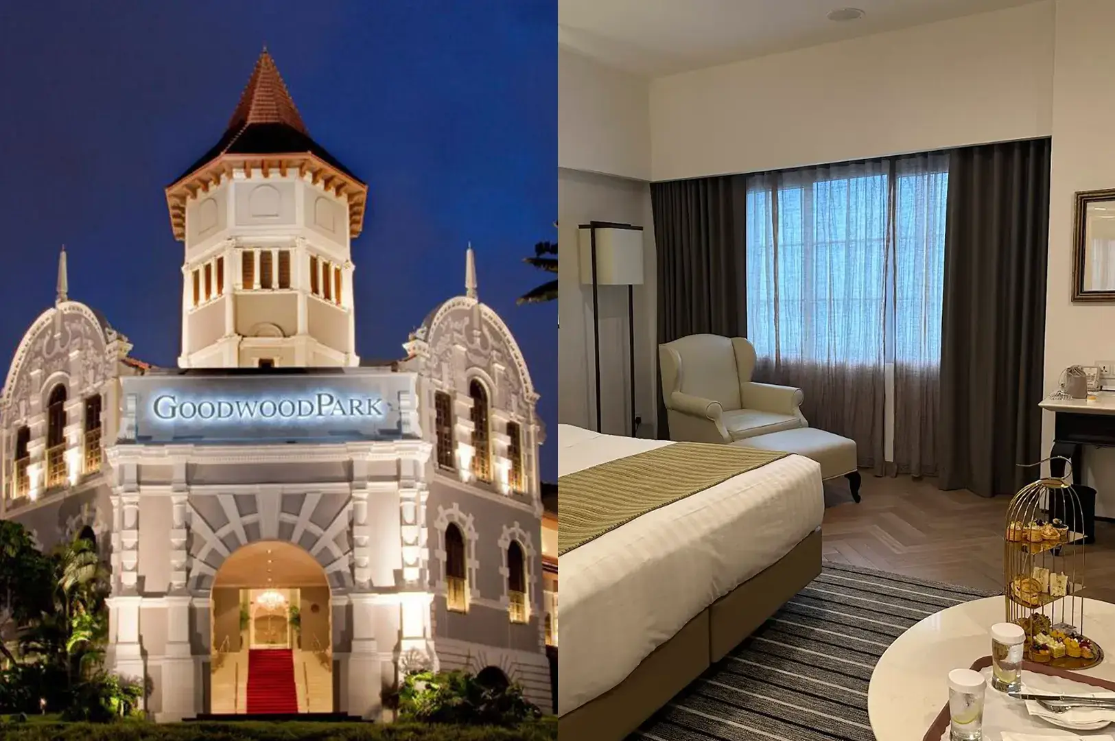 Goodwood Park Hotel heritage entrance with tower and illuminated facade alongside a classic room with striped carpet and armchair