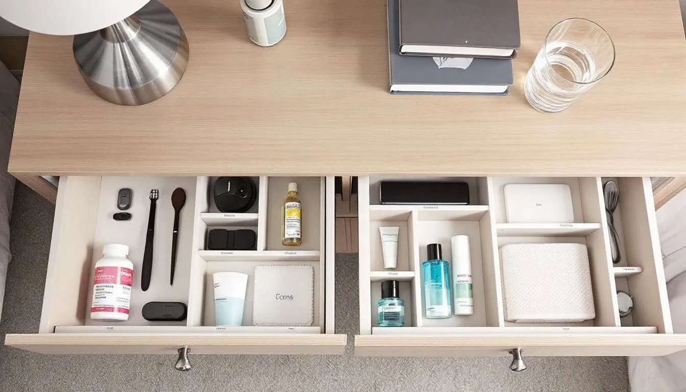The image depicts a well-organised bedside table interior with compartments in the drawers, designed to neatly store nighttime essentials like glasses and candles, promoting a clutter-free and stylish bedroom aesthetic. The modern bedside table showcases functionality and elegance, enhancing the overall bedroom decor.