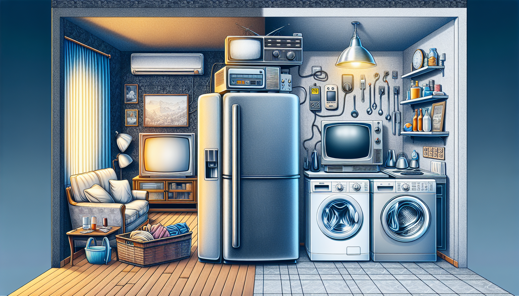 Illustration of outdated appliances and electronics