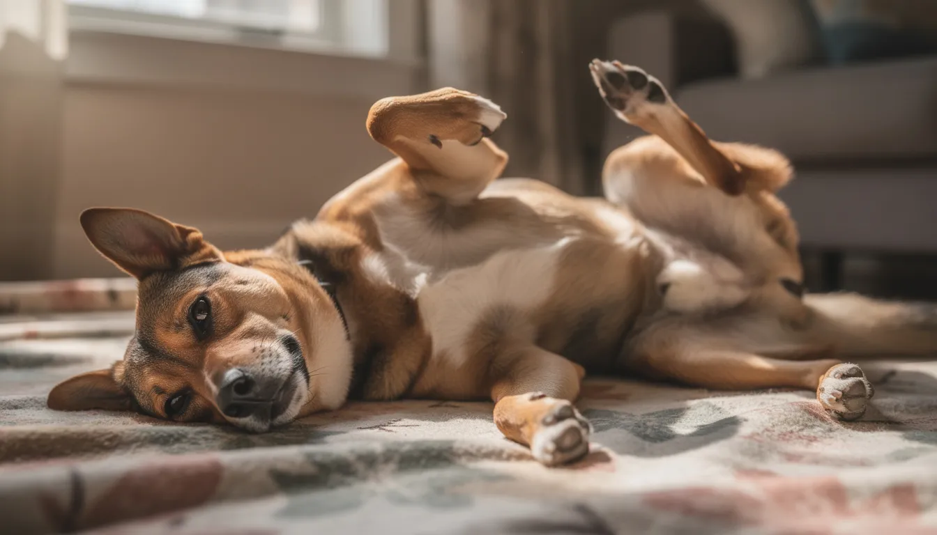 Na kocu leży pies, który drapie się tylną łapą za uchem, co może wskazywać na problemy skórne, takie jak alergiczne pchle zapalenie skóry lub ropne zapalenie skóry. Jego sierść jest lśniąca, ale może występować intensywny świąd, co sugeruje potrzebę konsultacji z lekarzem weterynarii w celu oceny kondycji skóry psa.