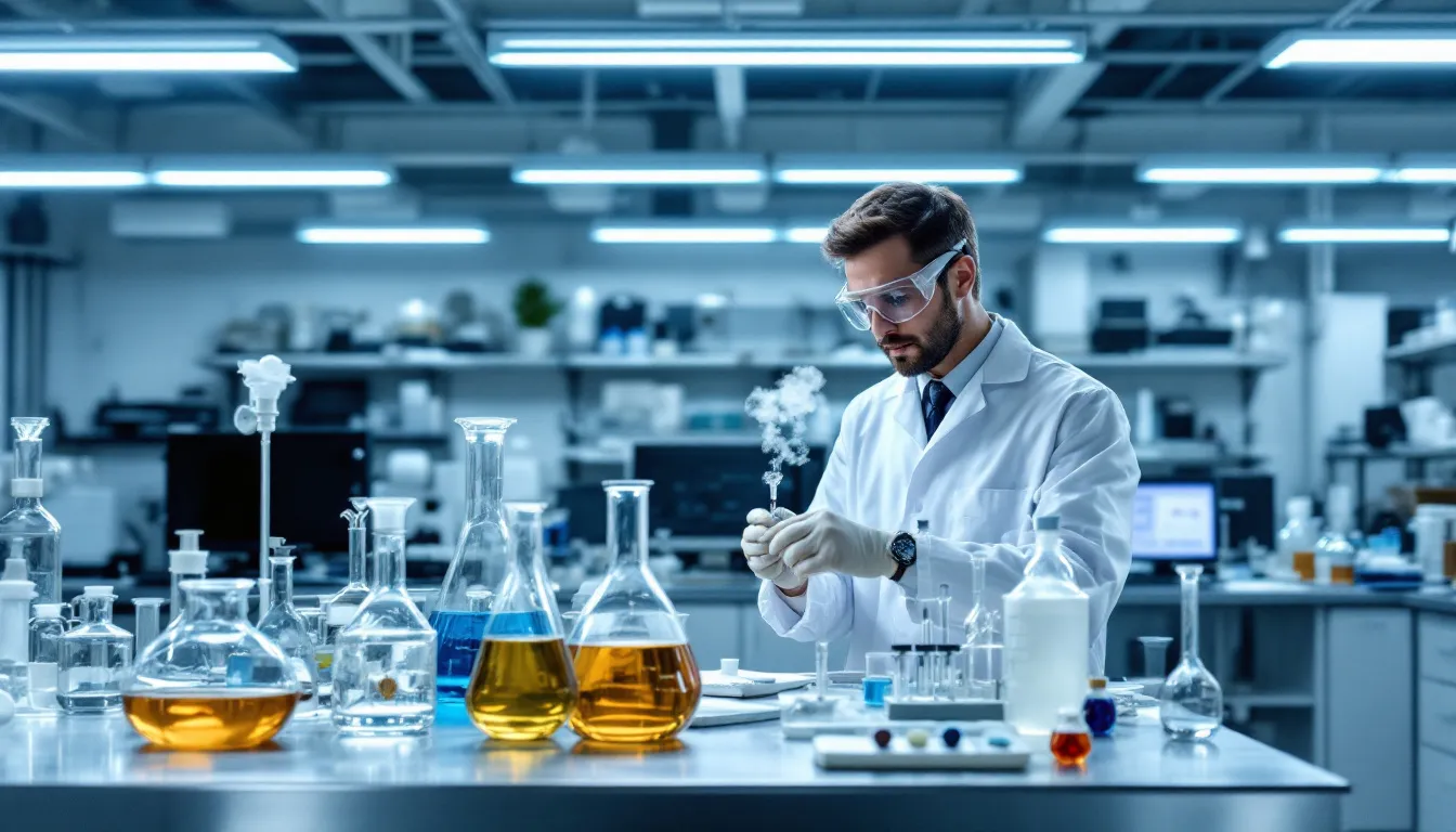 Drugs Legislation in the Netherlands: Complete Guide for 2025 3 De afbeelding toont een laboratoriumomgeving vol met chemische apparatuur die wordt gebruikt voor onderzoek naar nieuwe psychoactieve stoffen. Deze stoffen kunnen onder de opiumwet vallen, waarbij strenge regels en voorwaarden gelden voor productie en gebruik in Nederland.