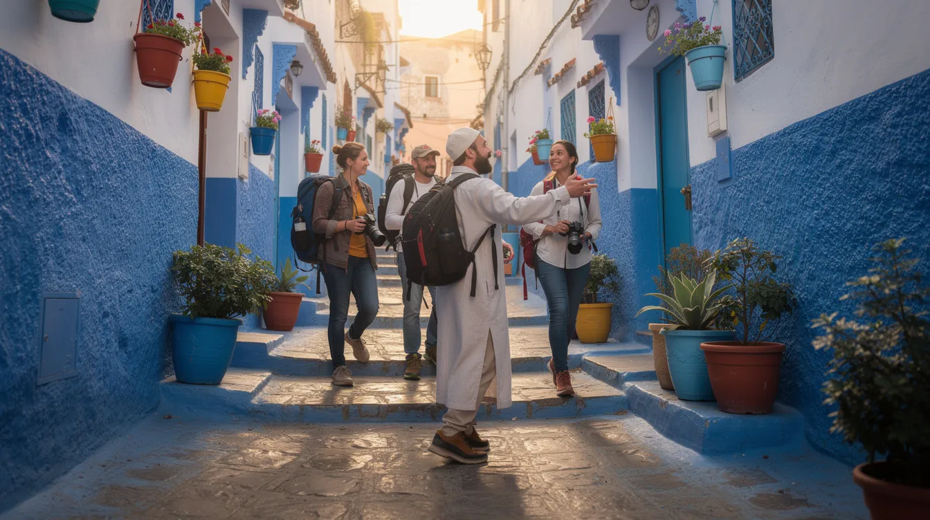 A guide and travelers stroll through a vibrant blue alley in Chefchaouen, an ancient city in northern Morocco, known for its charming streets and unique architecture. This picturesque setting offers a glimpse into local life and is a great time to visit Morocco for those seeking fewer crowds and pleasant weather.