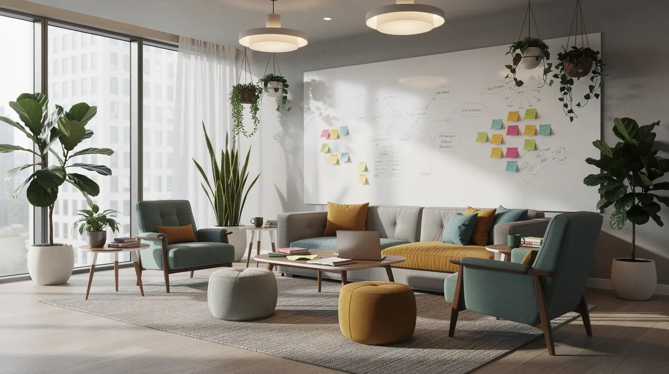 The image depicts a creative office lounge area featuring comfortable seating arrangements, a whiteboard wall for brainstorming, and lush indoor plants, creating an inviting atmosphere for collaboration among startup owners and creative teams. This vibrant office space is designed to foster ideas and community in a shared workspace environment.
