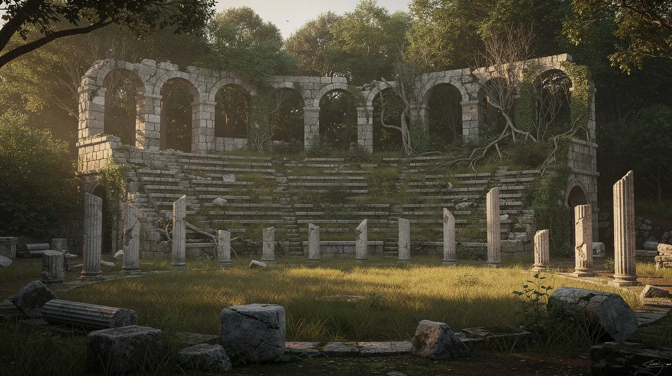 The image depicts an ancient Roman amphitheater, partially reclaimed by nature, with overgrown grass and trees surrounding its weathered stone structure. This scene evokes a sense of history and the passage of time, reminding us of God's chosen people who have walked in the light of His grace, as described in 1 Peter 2:9.