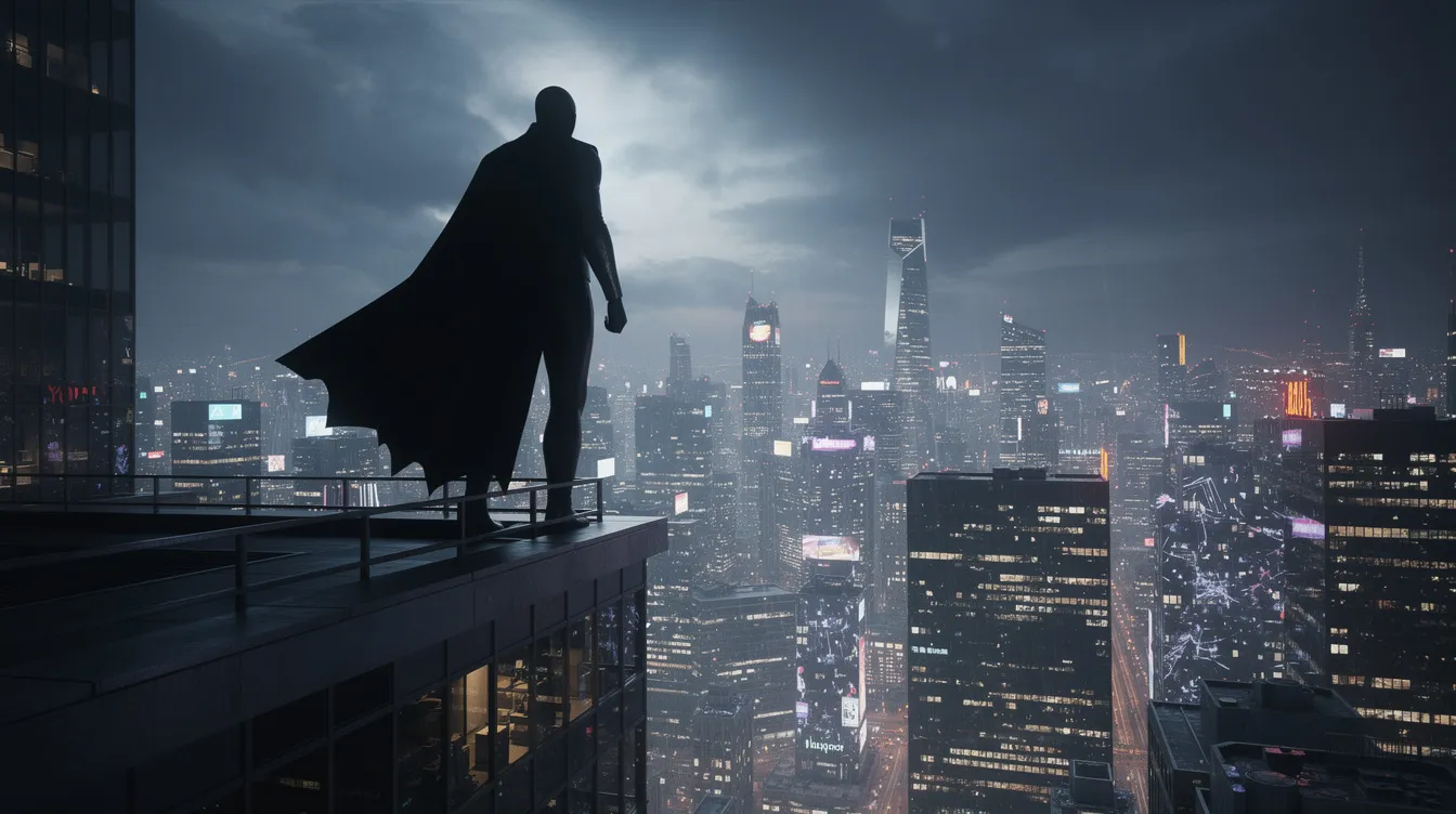 Auf dem Dach eines Hochhauses in Gotham City steht die dunkle Silhouette einer Figur mit Umhang, die in die erleuchtete Skyline der Großstadt blickt. Diese Szene erinnert an die Atmosphäre von "Batman Begins", wo das Alter Ego von Bruce Wayne als Rächer der Nacht agiert.