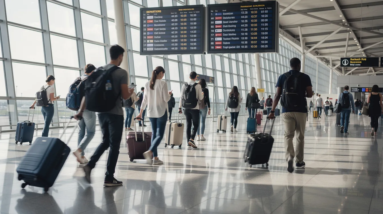 The image shows travelers navigating through a bustling international airport terminal, pulling their luggage as they pass by large departure boards displaying flight information. This scene captures the excitement and activity of those preparing to travel, possibly to destinations like Ireland, where understanding visa requirements is essential for a smooth journey.