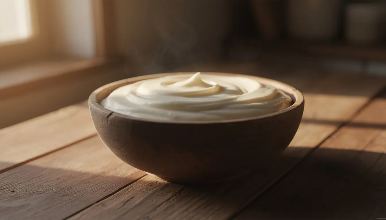 The image showcases a rustic wooden bowl filled with creamy rendered beef tallow, softly illuminated by gentle morning light, highlighting its smooth texture. This natural moisturizer, rich in essential vitamins and fatty acids, offers deep hydration and skin benefits, making it an appealing choice for various skin types, including those prone to acne and irritation.