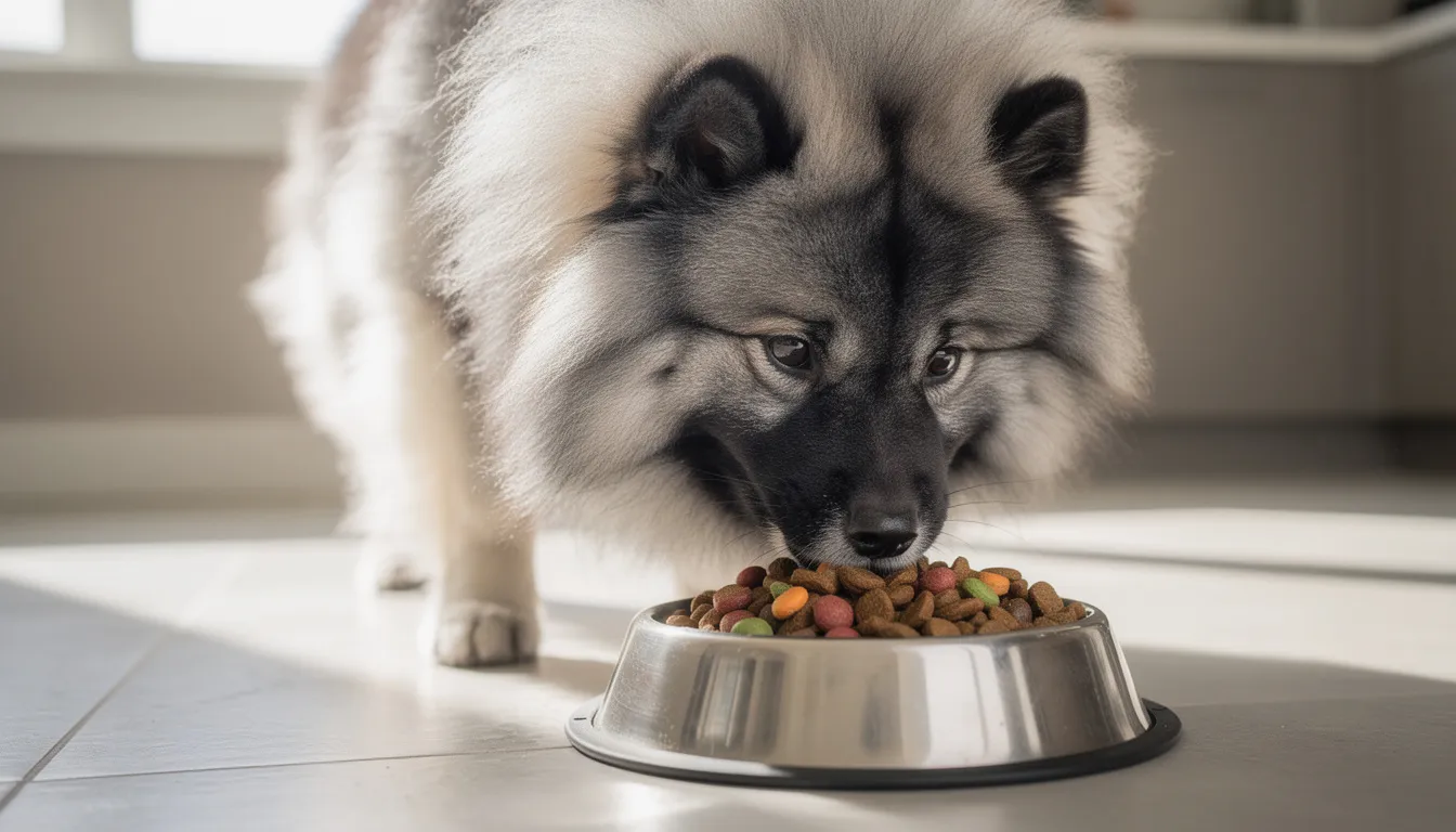 A Keeshond dog, known for its thick double coat and pointed ears, is happily eating high-quality kibble from a dog bowl. This medium-sized dog, often referred to as a "smiling Dutchman," showcases its friendly personality while enjoying its meal.