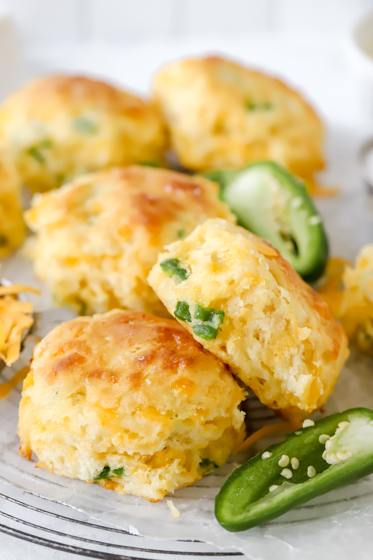 cheddar jalapeno biscuits on parchment lined sheet