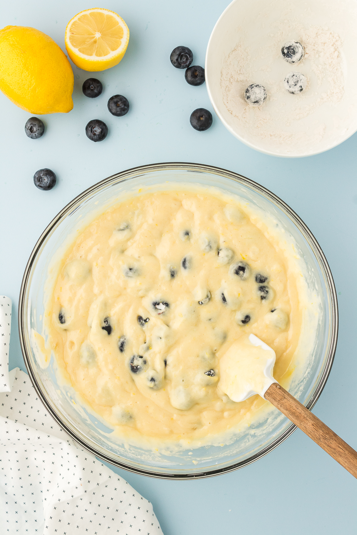 lemon blueberry quick bread batter in bowl