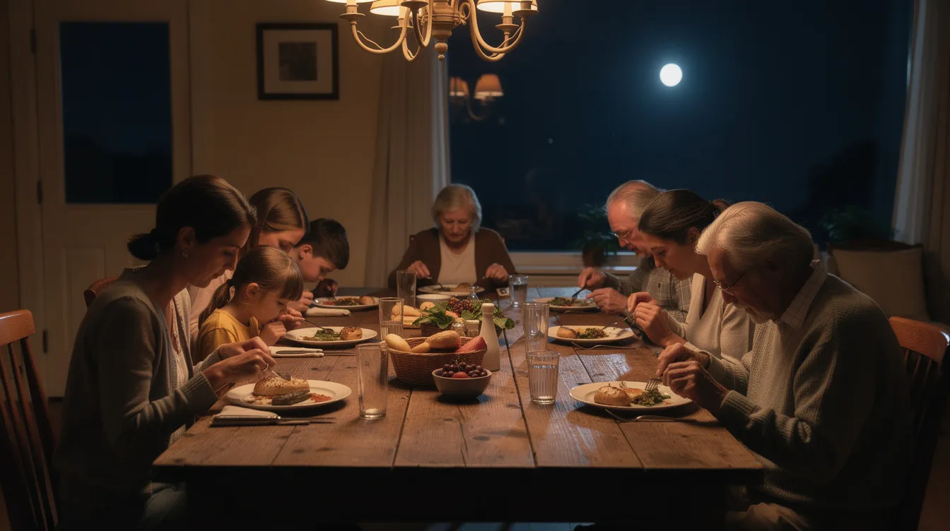 An einem langen Holztisch sitzen mehrere Personen unterschiedlichen Alters, die gemeinsam essen und beten, während durch ein Fenster ein heller Lichtpunkt am Nachthimmel sichtbar ist, der eine bedrohliche Präsenz ausstrahlt. Diese Szene könnte an das Thema des Films "Don't Look Up" erinnern, in dem die Menschheit mit einer nahenden Gefahr konfrontiert wird.