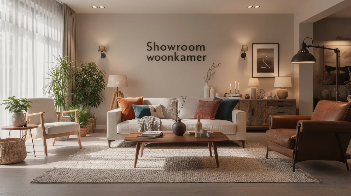 De afbeelding toont een gezellige woonkamer showroom waarin verschillende interieurstijlen harmonieus zijn gecombineerd. Warme verlichting en natuurlijke materialen creëren een uitnodigende sfeer, terwijl vintage meubels en moderne elementen elkaar aanvullen in een eclectisch interieur.