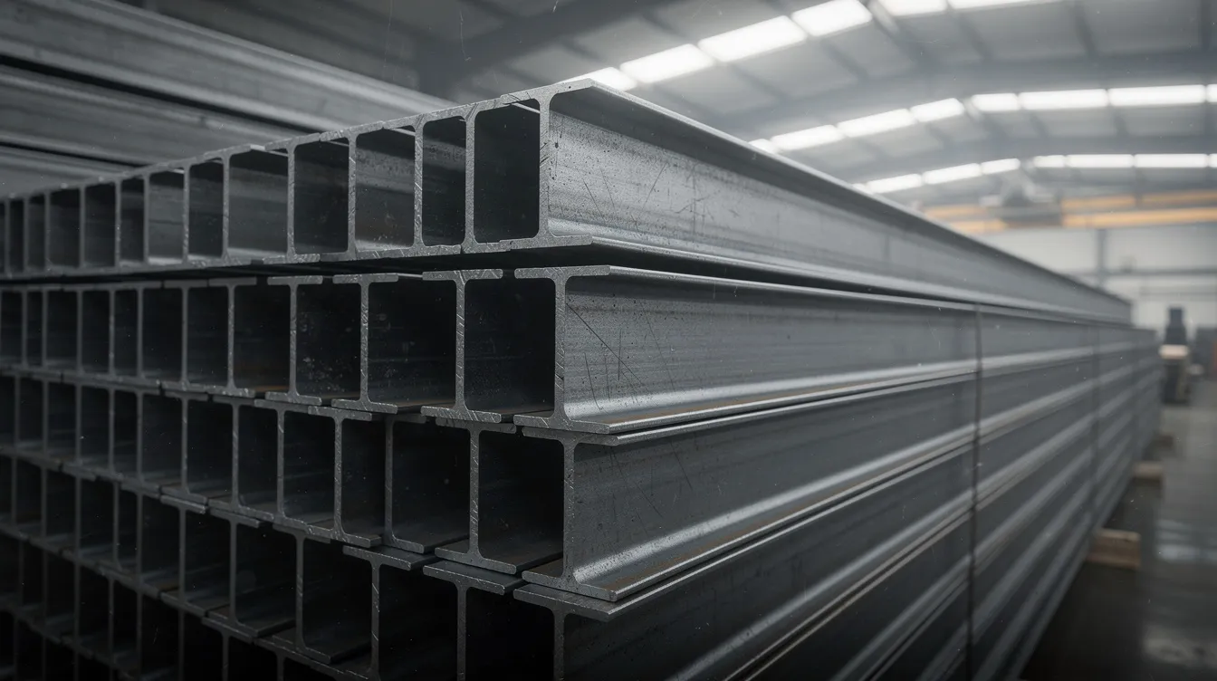 The image shows a close-up view of large steel I-beams stacked neatly in a warehouse, illuminated by industrial lighting. These beams, made from hot rolled steel, exhibit a rough surface finish and are essential for various structural applications, including construction and automotive industries.