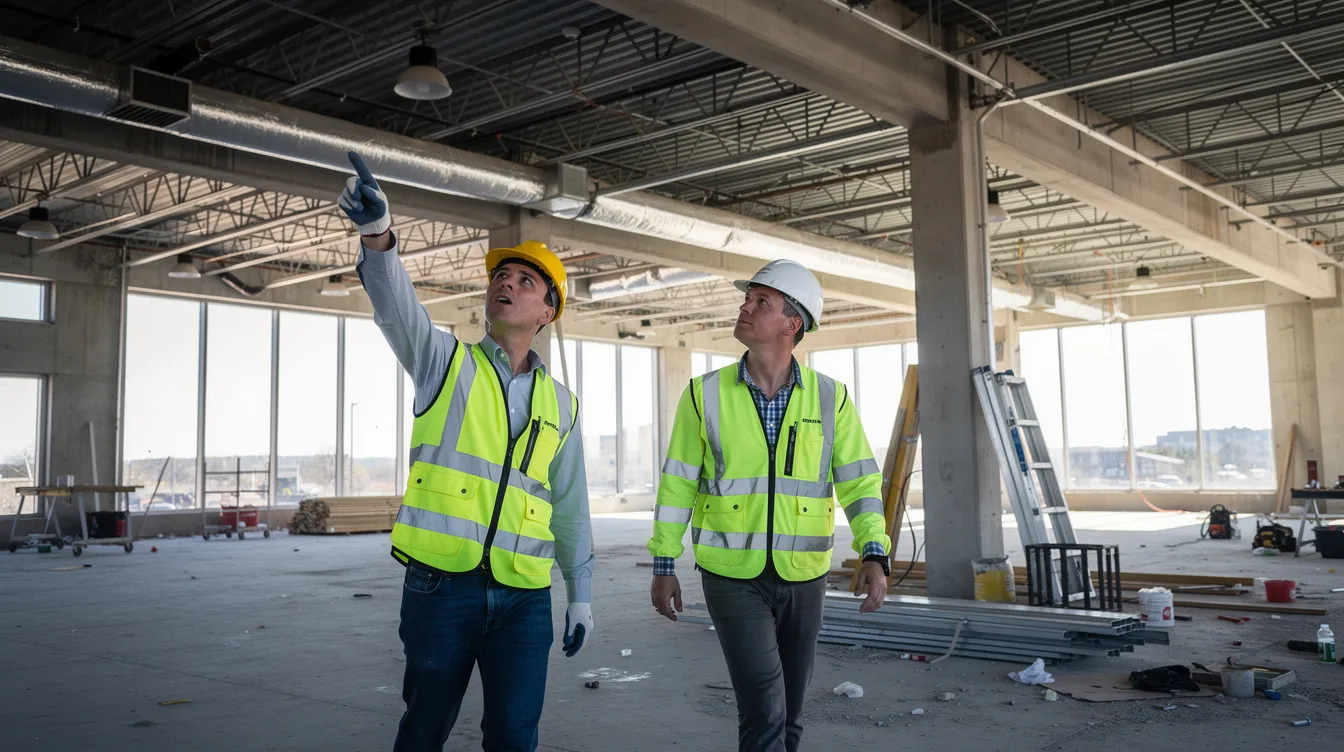 Two construction professionals in bright safety vests walk through a partially completed commercial building, with one pointing at the structural work overhead, highlighting the importance of effective succession planning in the construction industry for a smooth transition of leadership roles. Their discussion underscores the critical nature of mentoring and transferring knowledge to ensure the future success of the construction business.