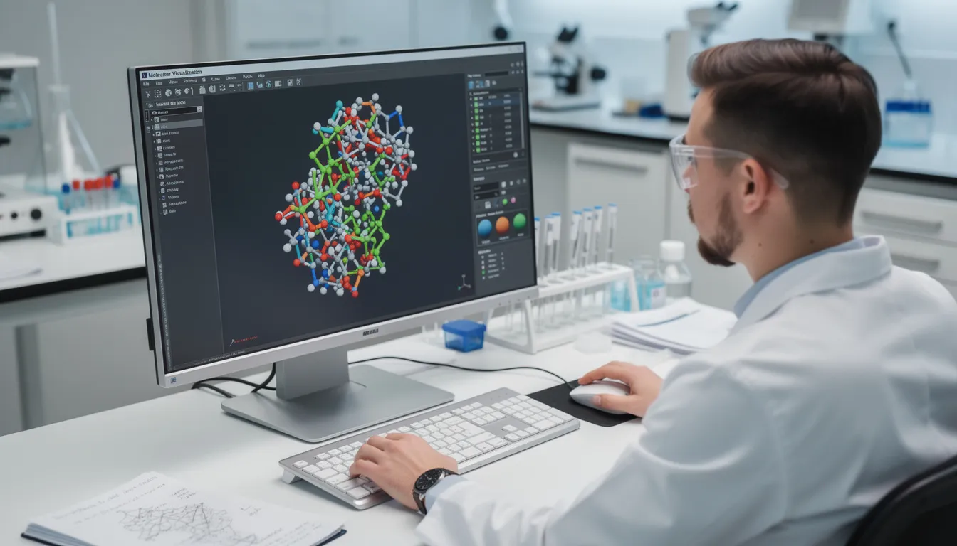 The image shows a researcher focused on a computer workstation, where molecular visualization software is displayed on the screen, likely analyzing peptide structures and calculating peptide dosages for research purposes. The workstation is equipped with tools for reconstituting lyophilized peptides and determining the desired concentration for peptide therapy.