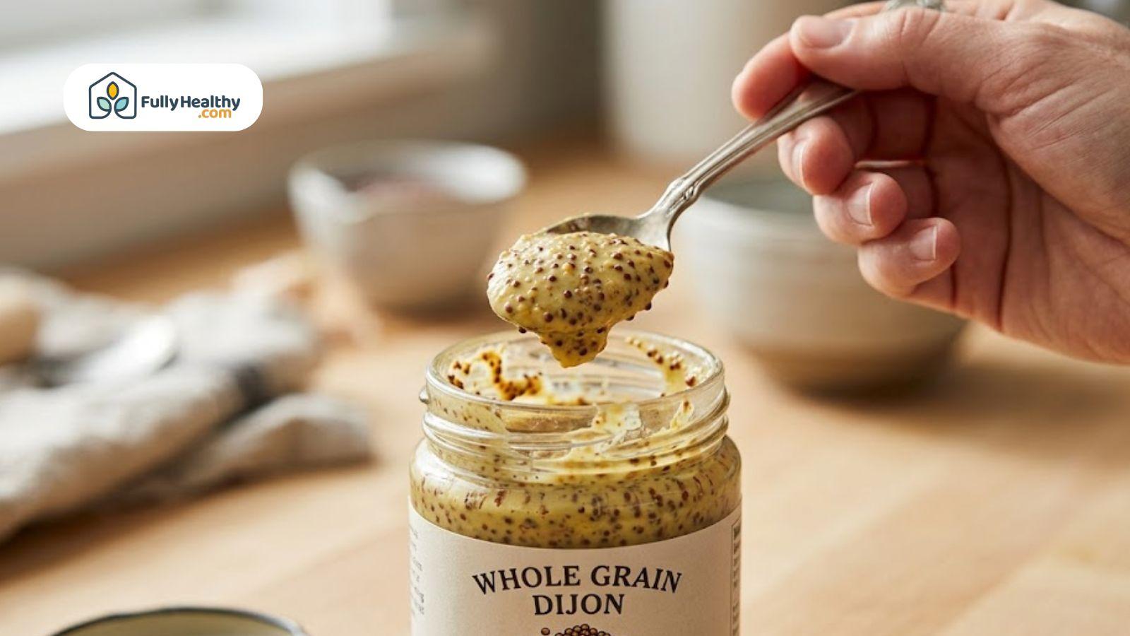 Spoon lifting whole grain Dijon mustard from a glass jar.